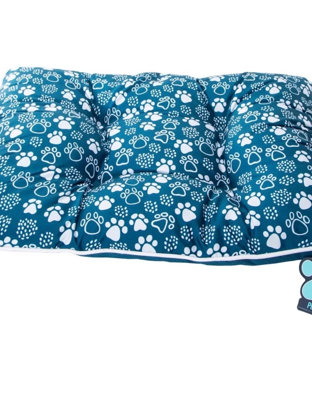 Plush Pet Bed Cushion in Teal with White Paw Print
